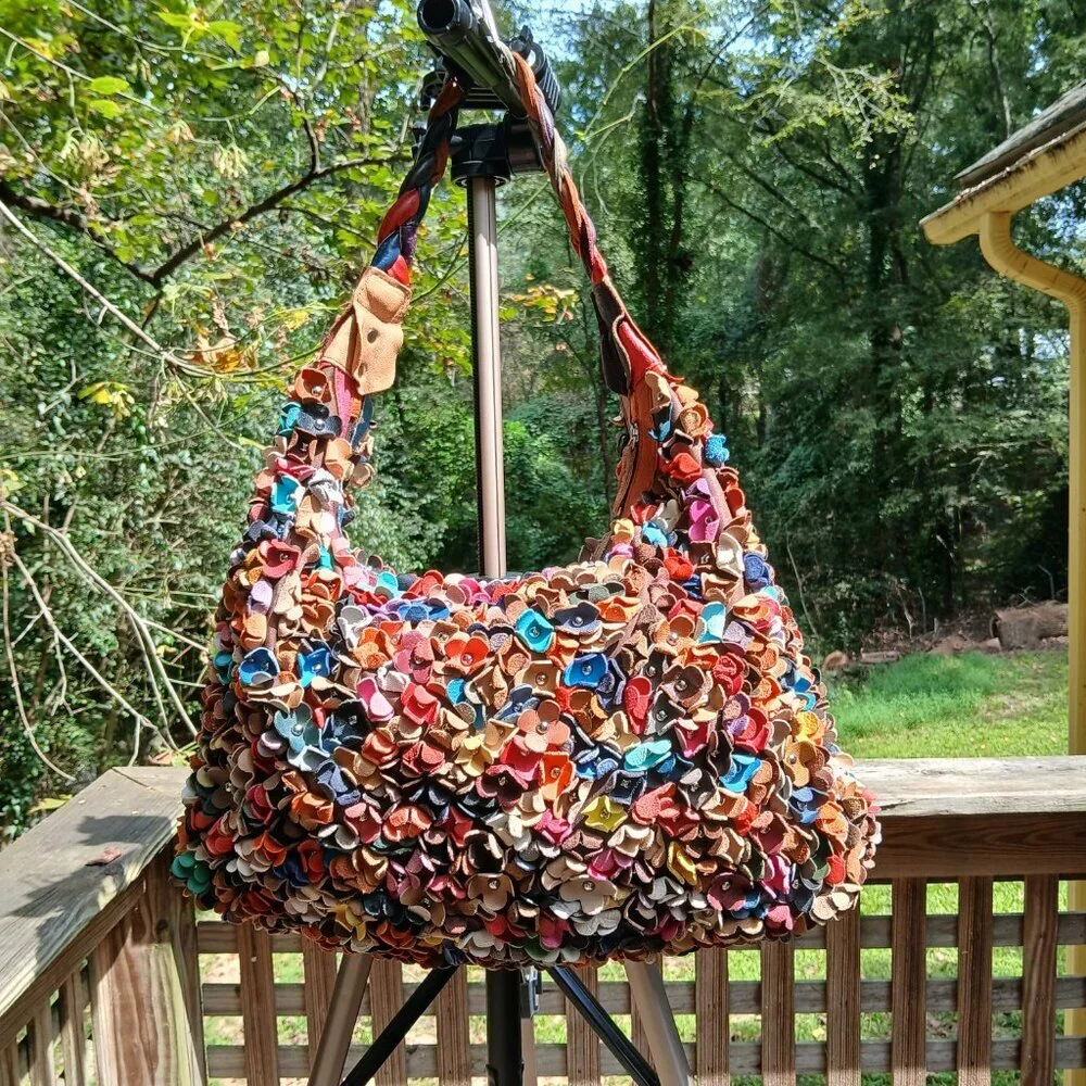 Vintage 3D Leather Flowers Hobo Bag * Super Roomy ~ Autumn Color Pop!
